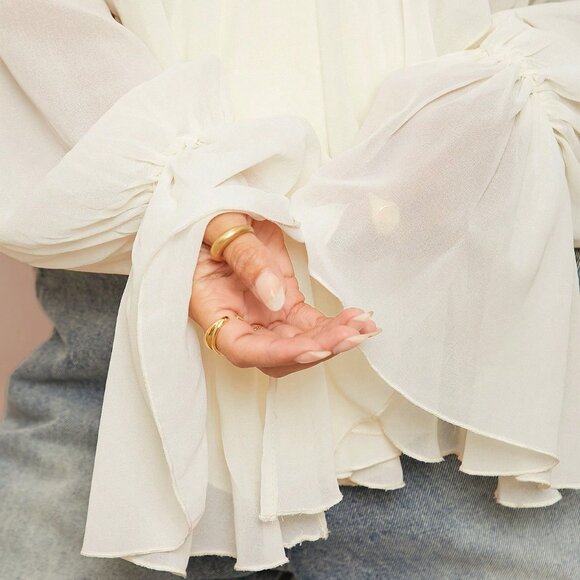 cream toned Casual Women's Boho Ruffled V-Neck Blouse top - Picture 5 of 8